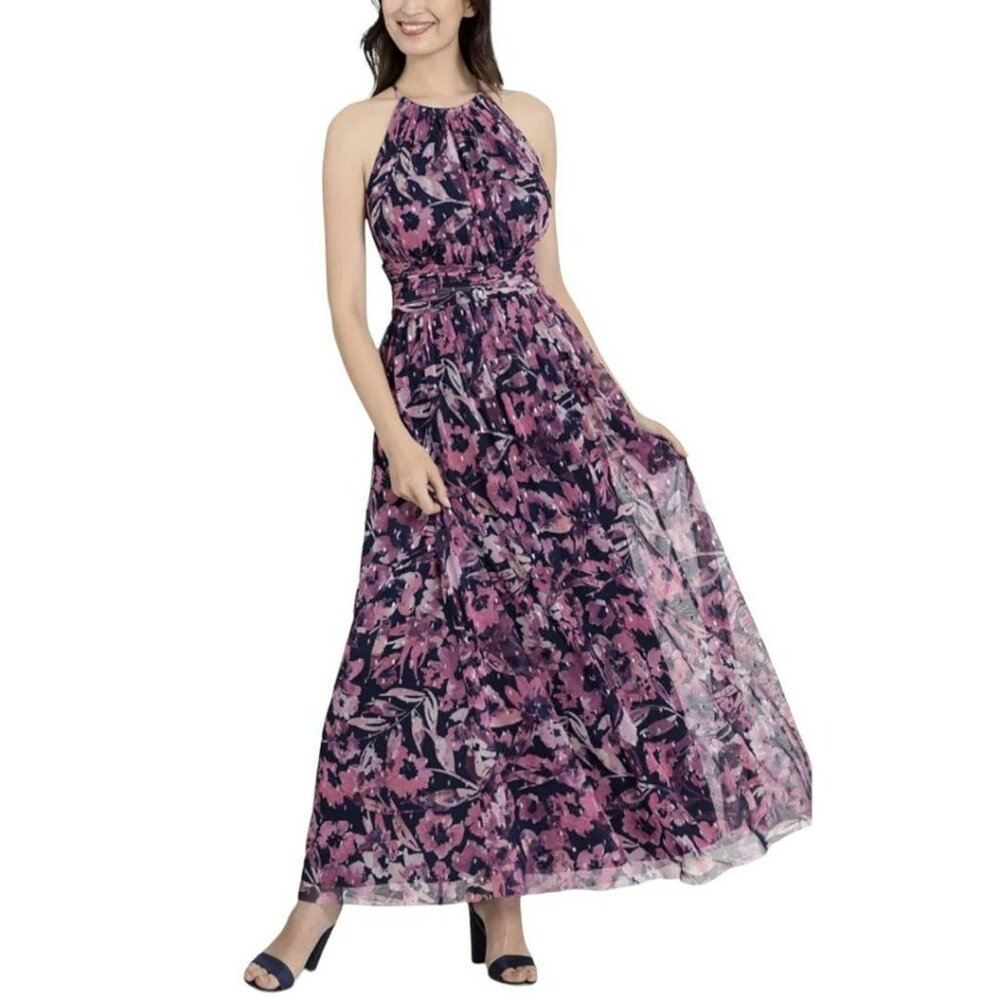 London Times Halter Maxi Dress Floral Ruched Sleeveless Mesh Size 8P